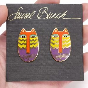 Laurel Burch Native Cats Post Earrings Gold Tone Rhodium Plated Cloisonné‎ 90s
